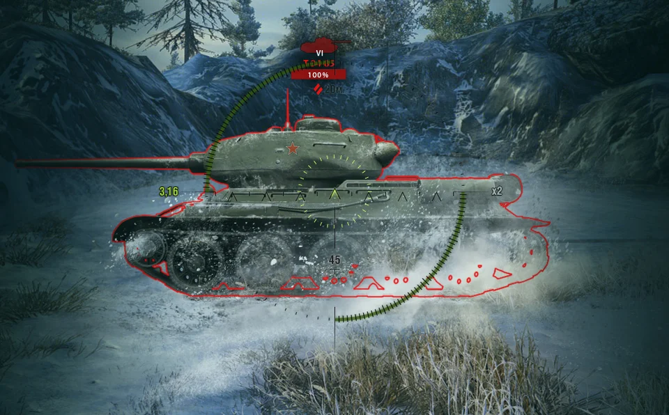Ukázka přiblíženého sniper pohledu z oficiálního průvodce WoT