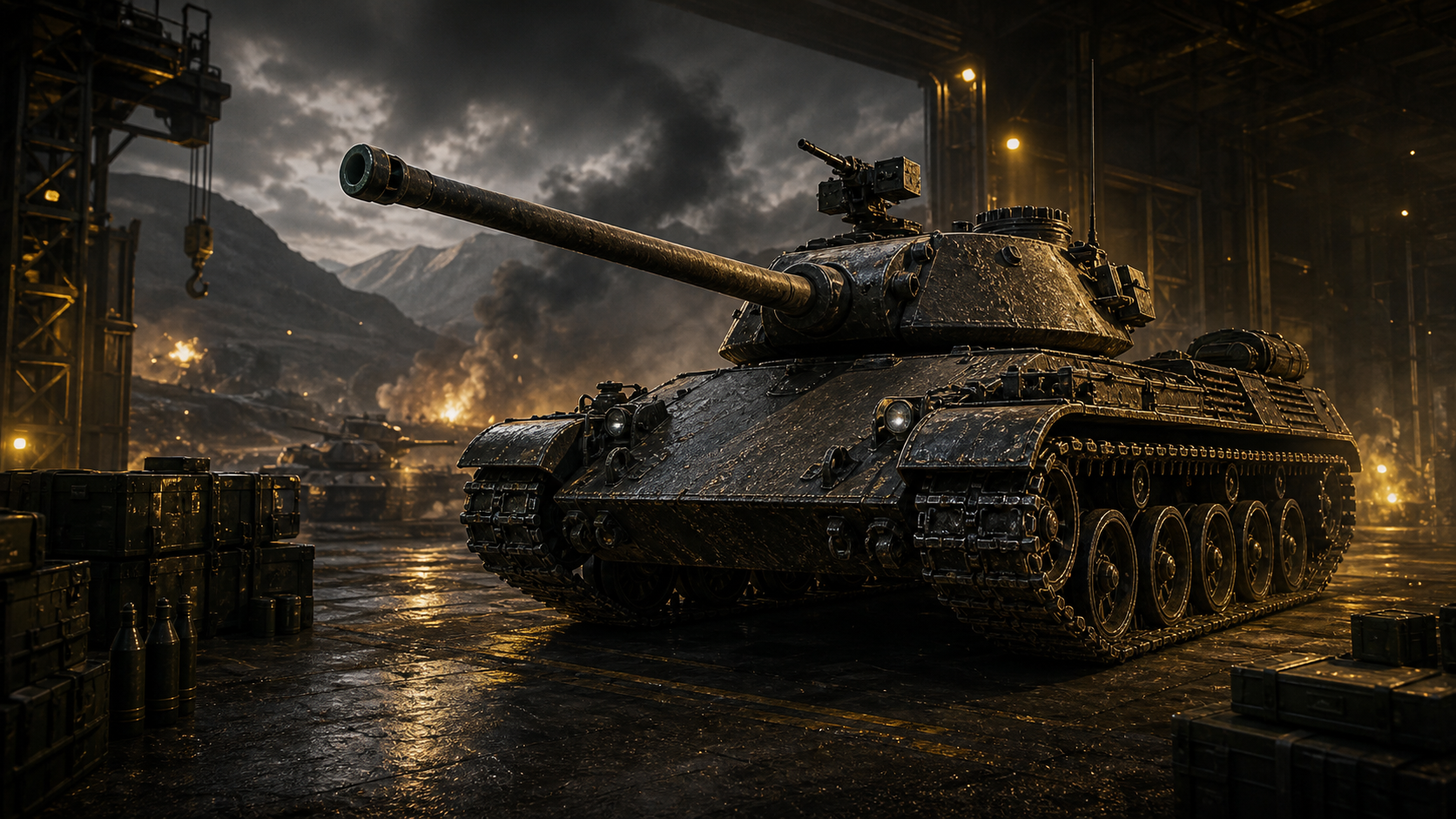 Tank připravený k nasazení v garáži